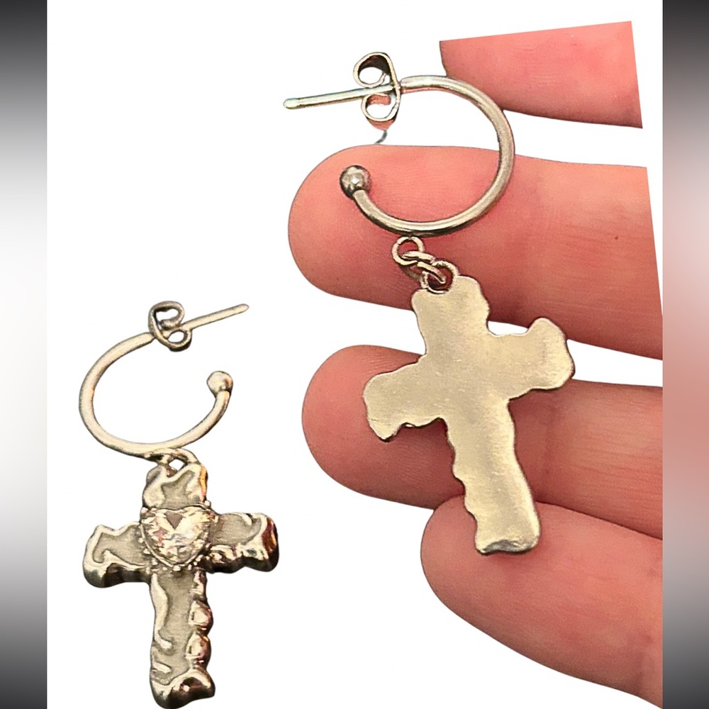 Earrings | Melted Cross Enamel Silver Dangle Hoops